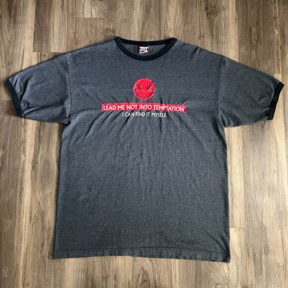 Vintage Y2K Evil Face Lead Me Not To Temptation T-shirt Size XL Skate Grunge - Picture 2 of 6